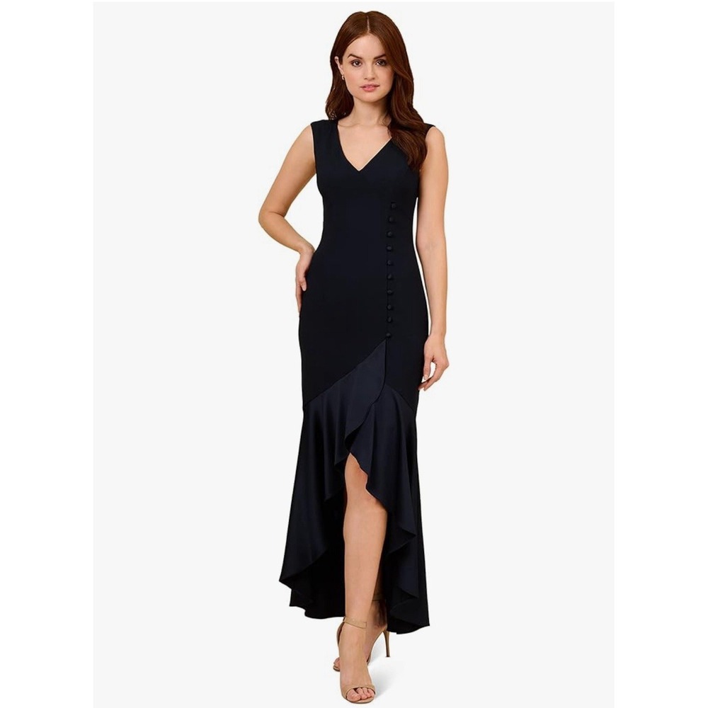 ADRIANA PAPELL Navy Satin Crepe Button‎ High-Low Gown Size 16
